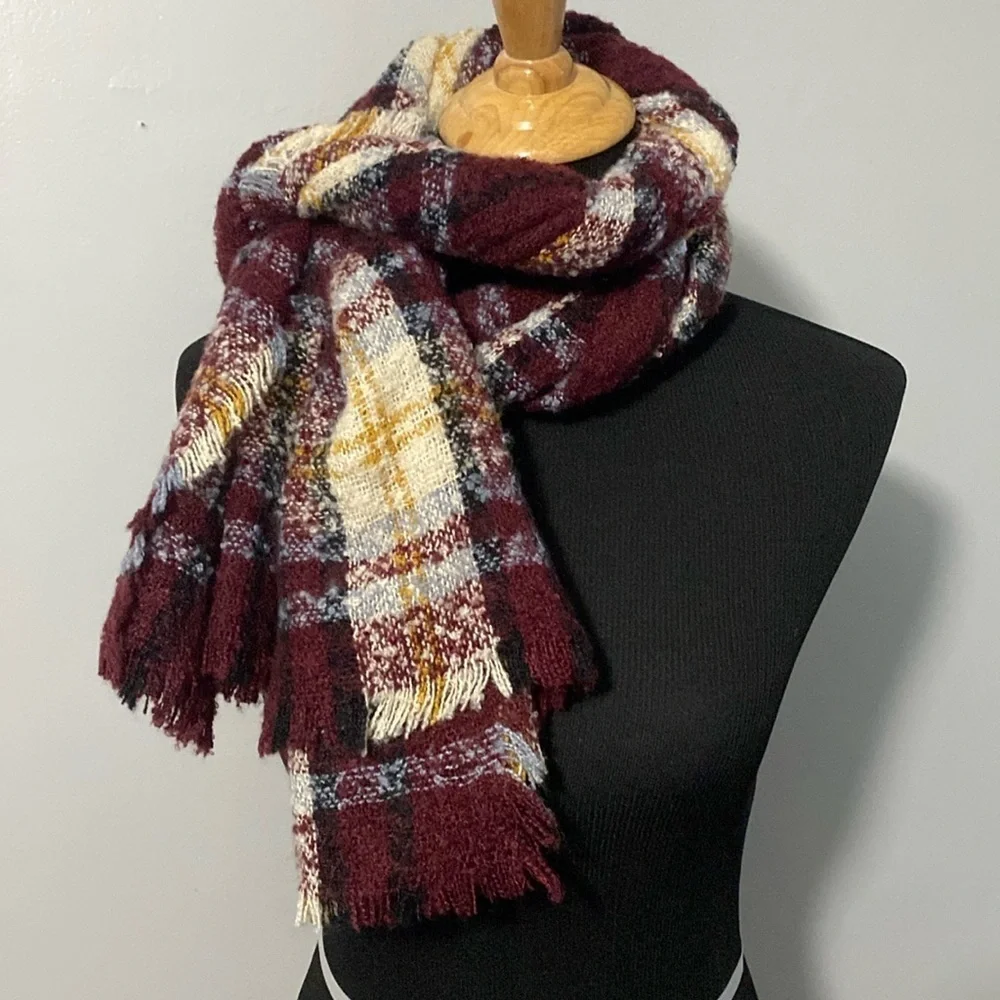 Blanket Scarf Red Wine Cream Denim Blue & Yellow NWT